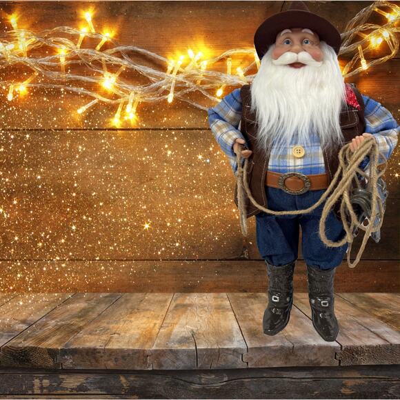 Western Cowboy Santa Holiday Figurine 18" Rope Boots Country Christmas Standing - Picture 4 of 6